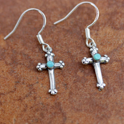 Very nice sterling silver cross earrings. The hooks are made from sterling silver and turquoise. The earrings are about 1 1/8" in length including the hook, and 3/8" in width.