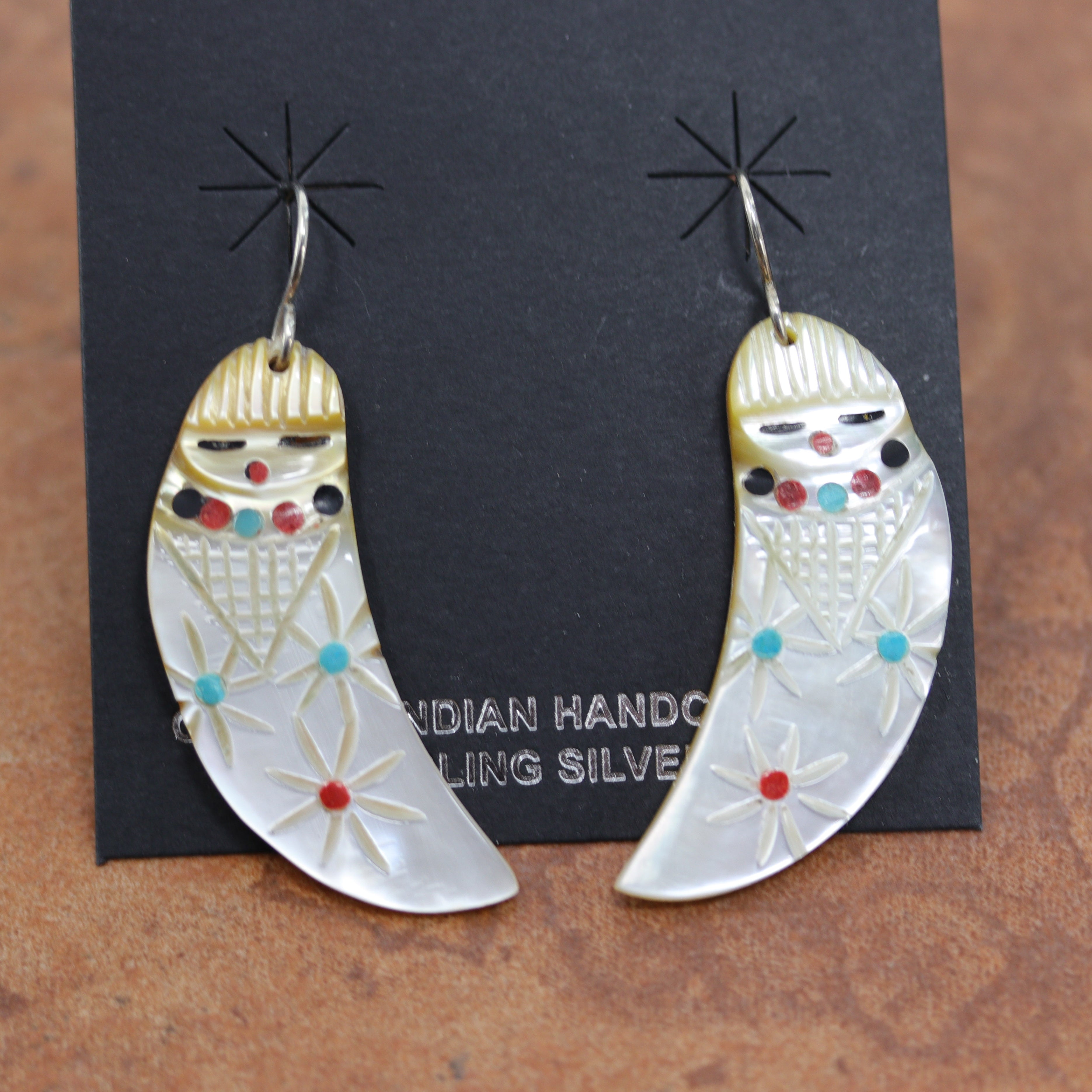 Silver Earrings with Turquoise, Red, Black and Mother of Peal Stones