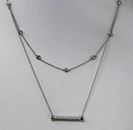 Rhodium Plated Double Strand Cubic Zirconia Bar Necklace Media